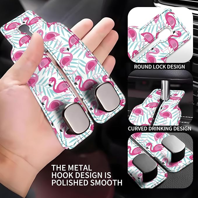 Car Seat Back Storage Headrest Hook, Premium Leather Double Metal Hook, Hanger Storage Organizer for Purse Cloth Bag, Car Interior Accessories Pink Cute Flamingo - Image 3