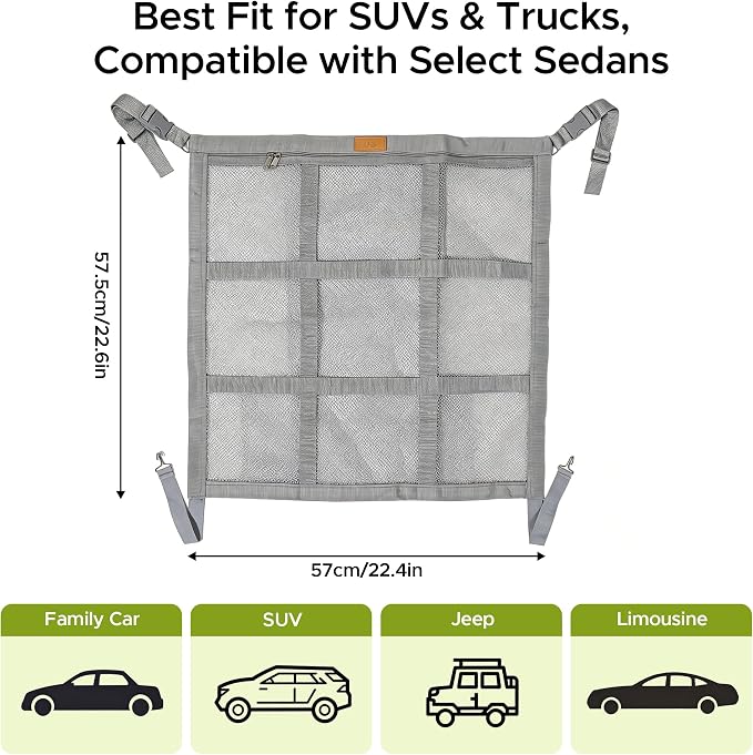 KINIVA Dog Car Barrier, Upgraded 22.4"x22.6" Pet Barrier for Cars, Heavy Duty Mesh Dog Net Between Front Seats, Double-Layer Pet Divider with Leather Logo, Universal Fit for SUV Sedan Trucks (Grey) - Image 4
