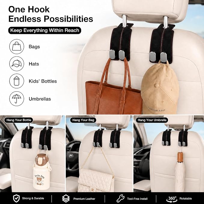 WideFit Car Headrest Hooks, 2 Pack for Wide-Strap Bags, Gray | 0.98 in opening fits thick purse straps. Premium leather and dual metal hooks hold up to 40 lb and rotate 360°. - Image 8
