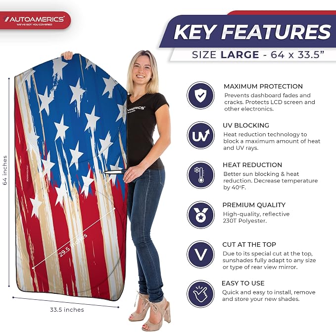 Autoamerics 1-Piece Windshield Sun Shade USA Art Flag - 1 American Design - Foldable Car Front Window Sunshade for Most Sedans SUV Truck - Blocks Max UV Rays and Keeps Your Vehicle Cool - Large - Image 2