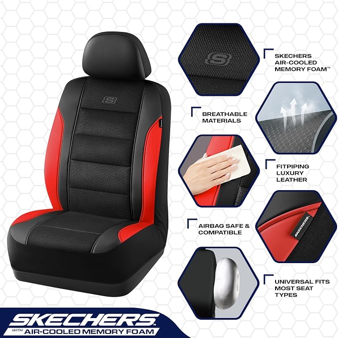 Skechers Aircooled & Memory Foam Seat Covers,Premium Leather with EVA Mesh Car Seat Covers,Seat Cover Full Sets,Airbag Compatible Automotive Comfort for Most Cars, Vans, Trucks, SUV,Red - Image 3