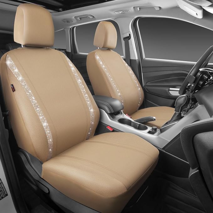 CAR PASS Leather Bling Diamond Car Seat Covers 2 Front Interior Sets, Waterproof Universal Shining Glitter Crystal Sparkle Fit for 95% Automotive Truck SUV Cute Women Girl, Beige Rhinestone - Image 2