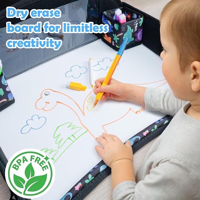 Kids Travel Tray for Carseat, Carseat Tray Dinosaur & Mermaid 2PCS | With 16.7" x 13.4" Smooth Dry Erase Board, Cup holders, Ddjustable Strap & Shoulder Carry Strap - Image 3