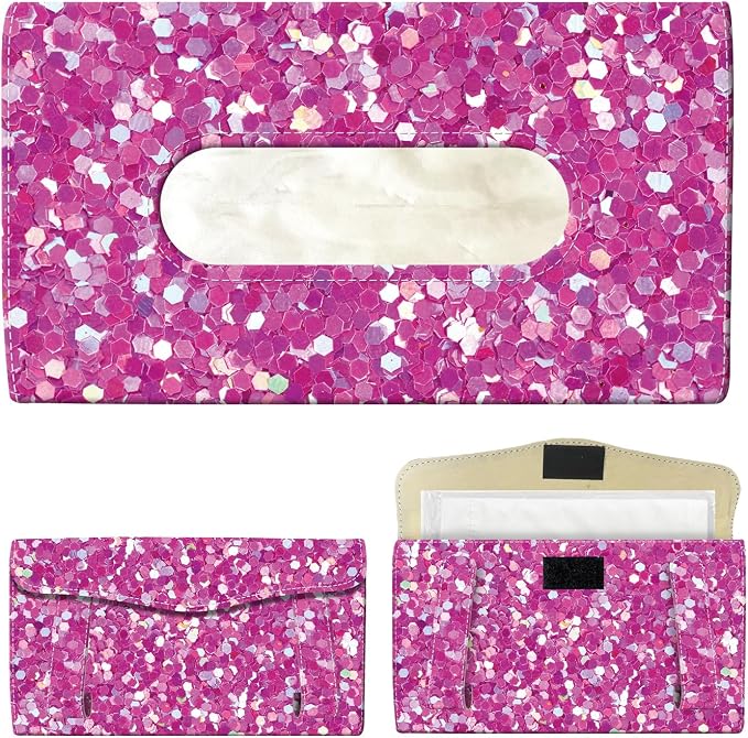 Car Tissue Holder, Cute Sun Visor Napkin Holder Backseat Tissue Case, PU Leather Tissue Box, Funny Car Accessories for Women Men Purple Glitter Pattern by Unknown