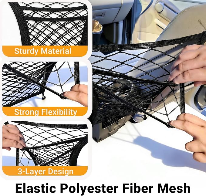 3-Layer Car Mesh Organizer - Backseat Storage & Pet Barrier for Small Dogs | 11"x8.3" net fits headrests or between seats. Holds bottles, umbrellas, tissues, toys. Keeps small dogs (<22lb) from front. - Image 4