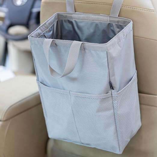 Ginsco New Leak-Proof Travel Car Trash Bag, 3.5 Gallons Large Capacity Hanging Car Trash Can with Hook and Loop Lid and Handle, Multipurpose Trash Bin with Storage Pockets for SUV RV, Atomic Silver by Ginsco