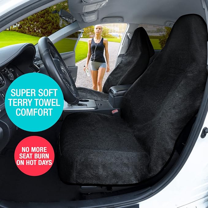 Terry Cloth Sweat Towel Seat Cover; Carseat Towel Protector; Great for Gym Workout; Waterproof; Universal Fit for Car SUV Van Truck; EZ fit; Non Slip Grip; Machine Washable; 1pc Black, Single - Image 4