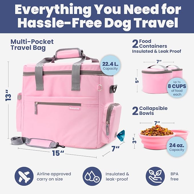 Rubyloo Original Doggy Bag™ Dog Travel Bag for Supplies with Travel Bowls | 2 BPA-Free Collapsible Bowls, 2 Pet Food Containers, TSA-Ready, Road Trips, Camping, Weekend Getaways, Doggy Gift, Lt. Pink - Image 3