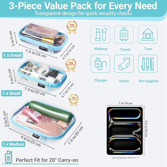 YQBRAO Clear Hard Shell Organizer Cases, 3-Pack, Blue | Rigid 1.2 mm clear PET organizers with multi-size design for travel, cables, and everyday essentials - Image 4