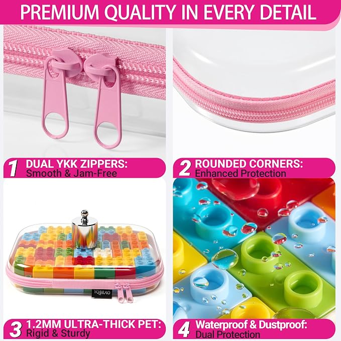 YQBRAO Clear Hard Shell Zipper Cases, 6 Multi-Size Organizers, Pink | Rigid clear shells in three practical sizes organize toiletries, cosmetics, cables, stationery and household essentials - Image 5