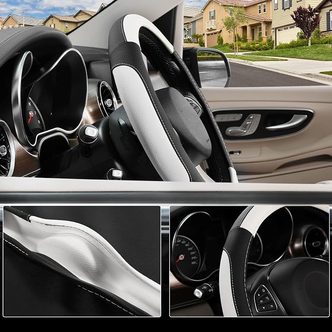 SEG Direct Steering Wheel Cover 14.5-15 inch Car Auto Interior Accessories | Universal Medium Standard Size 37-39cm for Car Truck SUV, Microfiber Leather, Anti-Slip Comfortable Grip, Black and White - Image 3