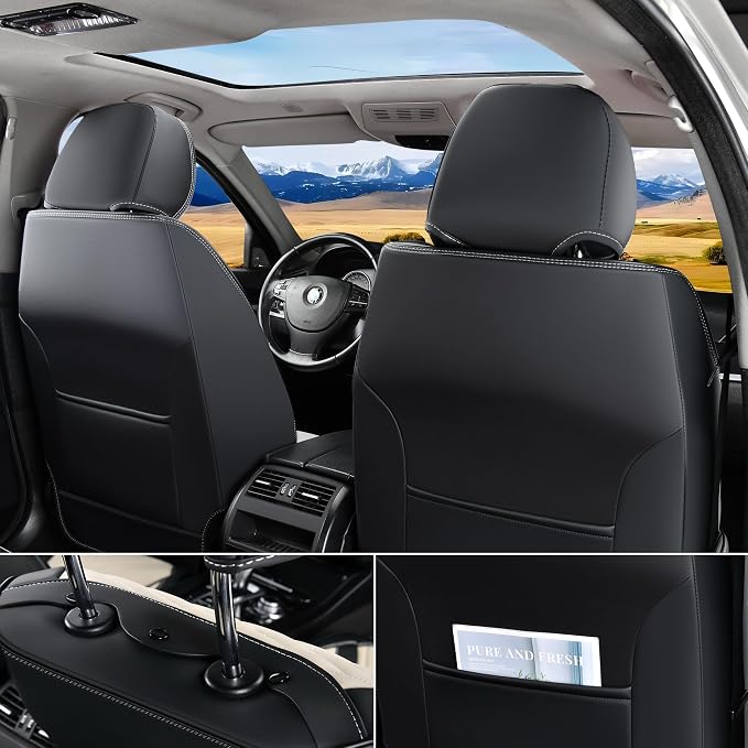 Leather Seat Covers, Seat Covers Full Set, Car Seat Protectors 5 Seats, Automotive Seat Covers Fit for Most Cars Trucks SUV- Black&Beige - Image 3