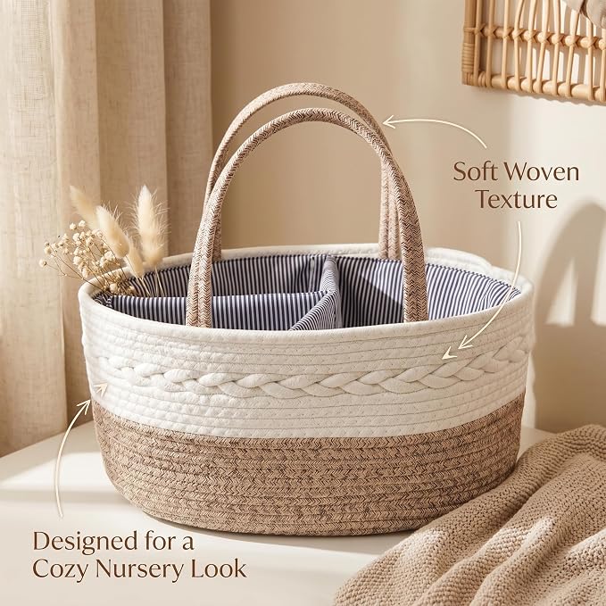 Baby Diaper Caddy Organizer with Removable Compartments, 14.2"L x 7"W x 8.7"H, 100% Handmade Woven Cotton Rope, Portable Nursery Storage Basket for Car and Changing Table, Shower Newborn Gift - Image 7