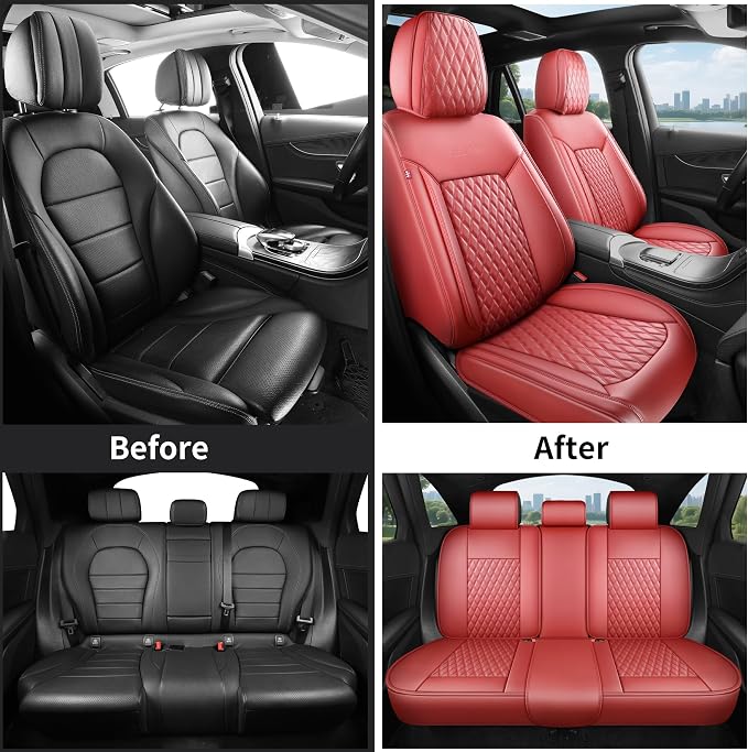 Red High-Density Nappa Leather Automotive Car Seat Covers Full Set | Univerasal Fit,3D Contoured,Waterproof,ThickTexture Nappa Leather,for most Suvs Trucks Sedans - Image 7