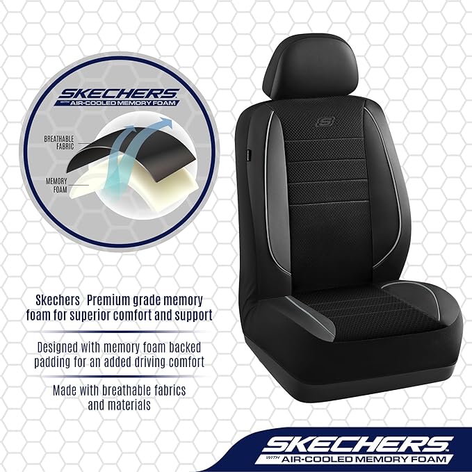 Skechers Air-Cooled Memory Foam Seat Covers,Mesh Thick Car Seat Covers,Piping Leather Car Seat Covers Front Seats,Airbag Compatible,Automotive ComfortUniversal Fit Most Cars,Vans,Truck,SUV,Gray - Image 4