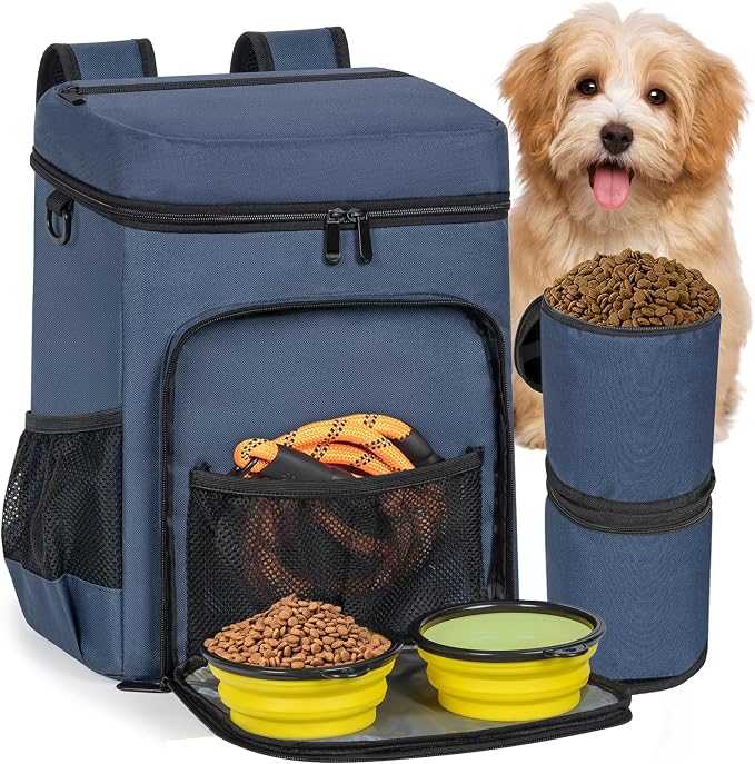 ANILD Dog Travel Bag Backpack, Flight-Ready TSA-Approved Dog Travel Bag with 2 Leak-Proof Food Canisters, 2 Foldable Silicone Bowls, Multi-Compartment Organizer for Hiking, Camping, Dog Mom Essentials by ANILD