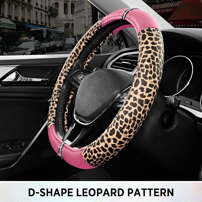 Road Comforts Leopard Steering Wheel Cover for Women, Cute Anti-Slip Microfiber Leather, Fits D Shape Flat Bottom Steering Wheel 14.5-15 Inch - Pink - Image 5