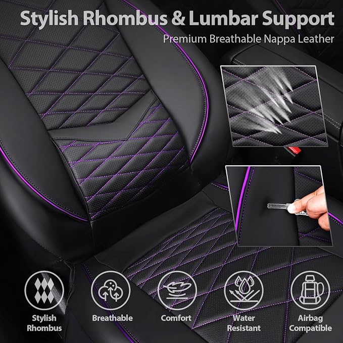 CAR PASS Luxury Nappa Leather Front Seat Covers, Water Resistant 3D Foam Seat Covers with Lumbar Support, Breathable Auto Seat Cover Airbag Compatible Universal Fit Sedan SUV Van Truck, Black Purple - Image 5