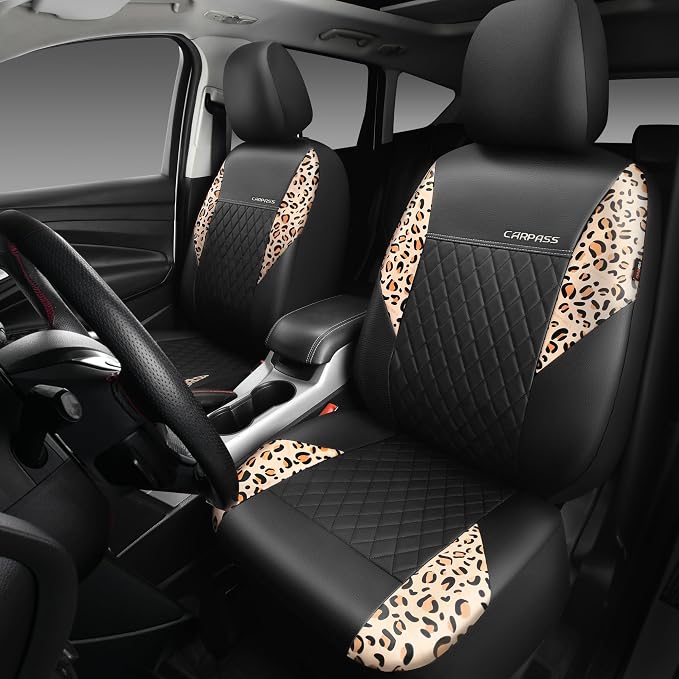 CAR PASS Leather Leopard Two Front Seat Cover Only, Universal Quilting Waterproof Deluxe PU Premium Vinyl Luxury Car Seat Cover Airbag Compatible for Most Sedan,SUV,Truck(Two Front, Brown Leopard) - Image 2