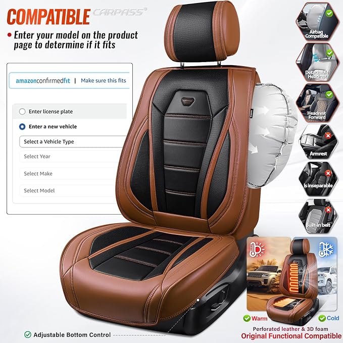 CAR PASS Nappa Leather Car Seat Covers Full Set Faux Leather,Black Brown | Luxury Nappa Leather,360° Full Protection,Water resistant,3D Foam Comfort,Universal Fit for Most Cars SUV Truck,Scratch proof - Image 6