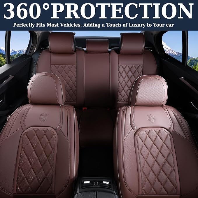 Coverado Car Seat Covers Full Set, Luxury Faux Leather Waterproof Seat Cover, Front and Back Car Seat Protector, Universal 5 Seat Leather Seat Cushion, Carseat Cover Fit Most Cars, Coffee - Image 7
