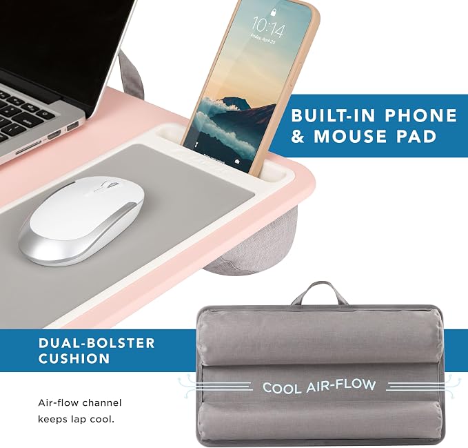 LAPGEAR Home Office Lap Desk – Pink, Fits 15.6” Laptops | Built-In Mouse Pad & Phone Slot, Integrated Device Ledge, Dual-Bolster Microbead Cushion, Carry Handle - Image 4