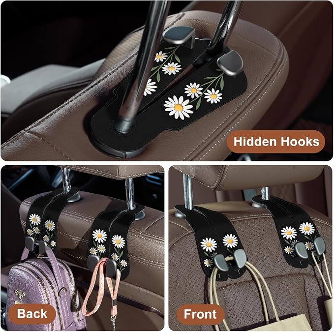 CoBak Purse Hook for Car - Universal Premium Stitched Leather and Aluminum-Magnesium Alloy Double Car Seat Back Storage Hook for Purses, Handbags, Bags (2 Pack),Daisy - Image 4