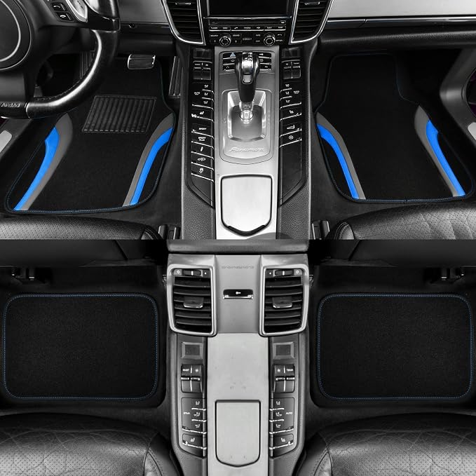 CAR PASS Leather Sporty Car Floor Mats Carpet, Universal Waterproof Automotive Floor Mat Fit for Sedans, Cars, Mid Trucks, Vans, SUV, Set of 4 (Black and Blue) - Image 2