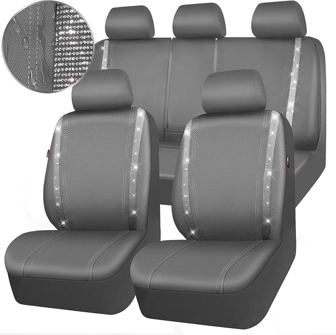 CAR PASS Bling Car Seat Covers Full Set, Shining Glitter Rhinestone Diamond Waterproof Faux Leather Interior Sets Universal Fit Automotive Glitter Crystal Sparkle Strips for Cute Women Girl, Gray - Image 8