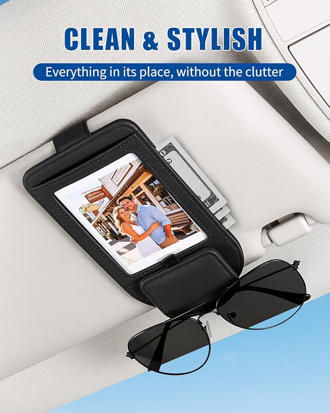 Car Visor Sunglasses Holder, 3 in 1 Glasses Clip with Photo Picture Display & Extra Storage Pocket, Anti-Slip Universal Sun Visor Organizer, 2026 Upgraded (1, Black) - Image 2