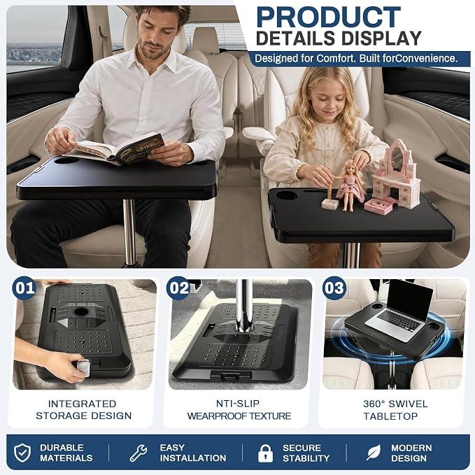 Car Seat Tray Table, Multi-Function Adjustable Tray for Work & Eat | Pneumatic lift, 360° rotatable top, tool-free car tray. High-density composite holds 10kg, anti-slip base - Image 3