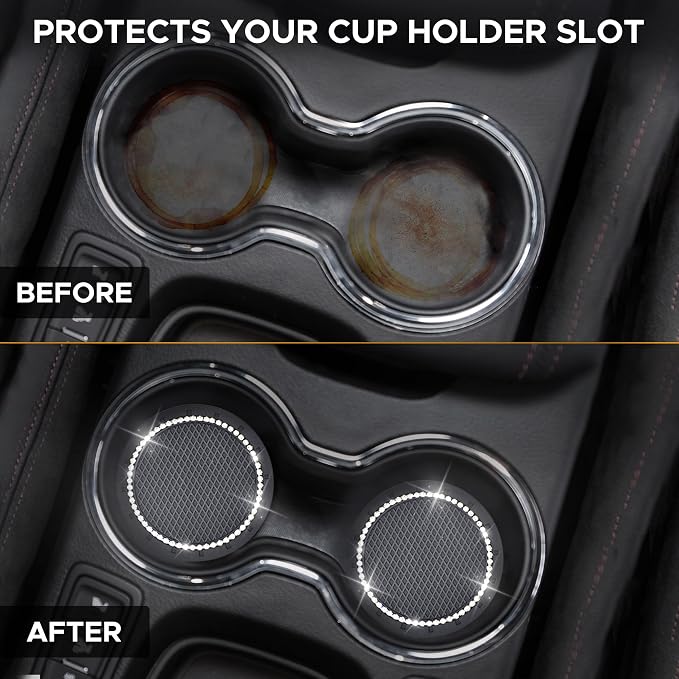 EcoNour Bling Cup Holder Insert (2 Pack) with Push Start Button Ring | (1 Pack) 2.75 Inch Silicone Coaster Pad and 1.5 Inch Ring with Elegant Crystal Rhinestone | Car Interior Accessories (Black) - Image 2