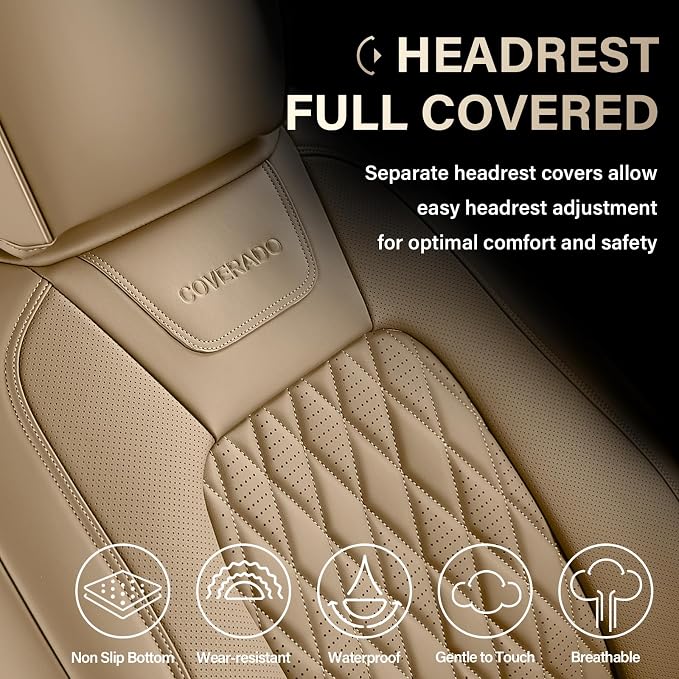 Coverado Premium Leather Truck Front Seat Covers – Custom Fit, Waterproof, Heavy Duty, Anti-Spill, Scratch Resistant Protector for Ford F150 2015-2026, F250-F450, Beige - Image 4