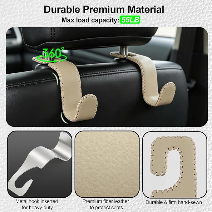 Car Seat Headrest Hook Heavy Duty 55lb Metal Hanger with Leather for Bags | Universal Vehicle Seat Back Organizer, Ergonomic Design, Hang Groceries Handbag Backpack Water Bottle, 2 Pack Beige - Image 2