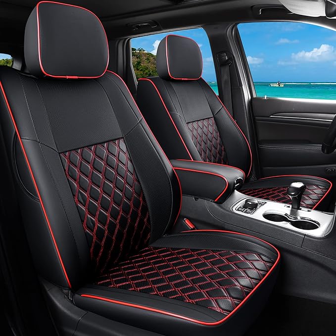 Huidasource Upgrade Jeep Grand Cherokee Seat Covers, Full Coverage Waterproof Leather Car Seat Covers, Custom Seat Cushion Protector Fit for Jeep Grand Cherokee 2011-2021 (Full Set/Black&Red) by Huidasource