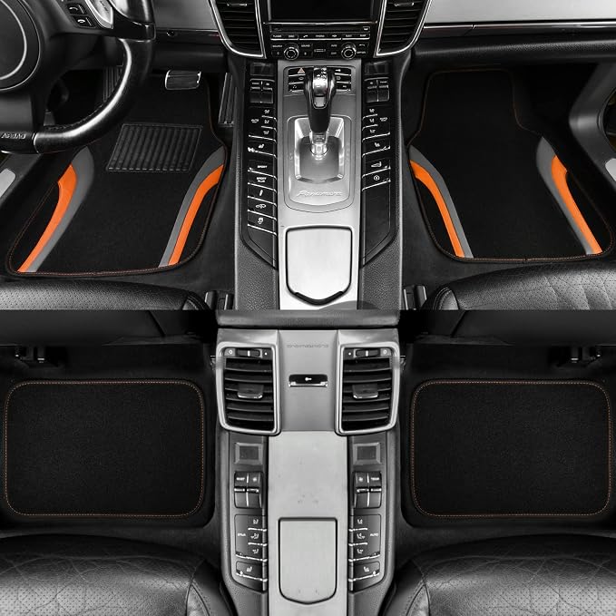 CAR PASS Leather Sporty Car Floor Mats Carpet, Universal Waterproof Automotive Floor Mat Fit for Sedans, Cars, Mid Trucks, Vans, SUV, Set of 4 (Black and Orange) - Image 2