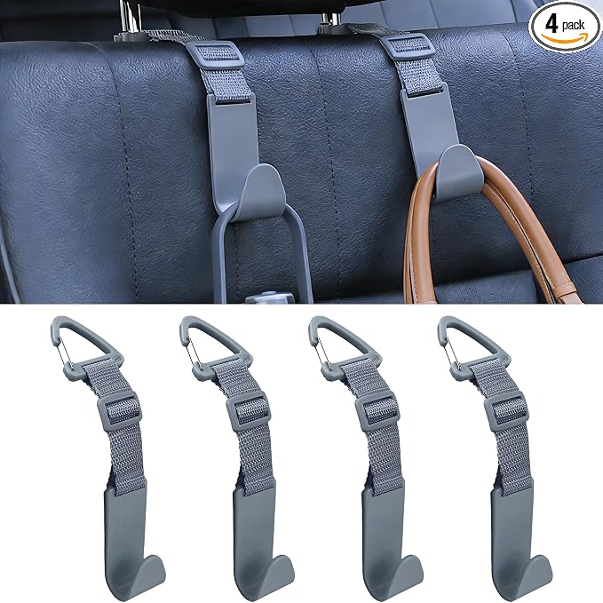 4-Pack Universal Car Headrest Hooks Anti-drop Seat Back Organizer for Bags | Adjustable Nylon Straps, Heavy-Duty Holds 40 lbs, Thickened ABS, Hanger for Handbag Backpack Groceries Water Bottle, Gray by Toiyason