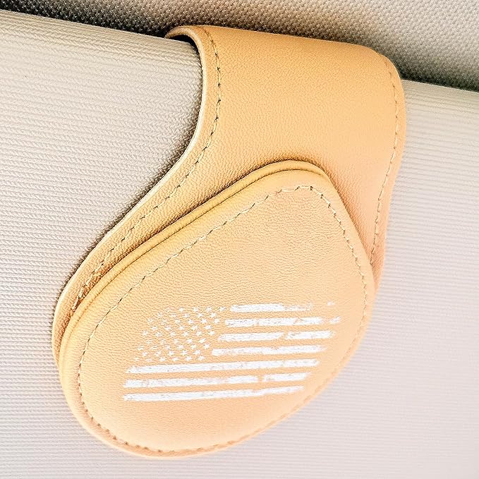American Flag - Car Sunglass Holder, Magnetic Leather Eyeglass Hanger Mount Clip Holder for Car Visor Accessories (Beige) | Magnetic Leather - Image 2