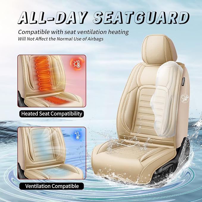 Fit bZ4X Car Seat Covers for Toyota bZ4X 2023-2025 2026 -Premium Leather, Waterproof，Breathable，All-Weather Seat Cushion Protecto & Airbag Compatible, 2 Front Seat Beige - Image 4