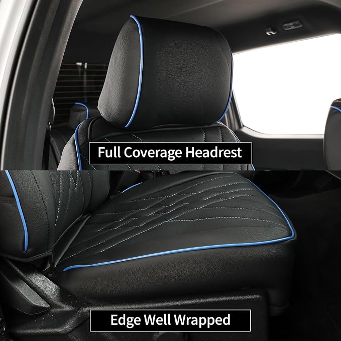 EKR F150 Seat Covers Custom Fit for (2 Door,SuperCab/Extended Cab) 2015-2020 Ford F150 XL/XLT/Lariat & 2017-2022 F250/F350 SuperDuty XL/XLT/Lariat Full Set-Faux Leather(Black with Blue Trim) - Image 3