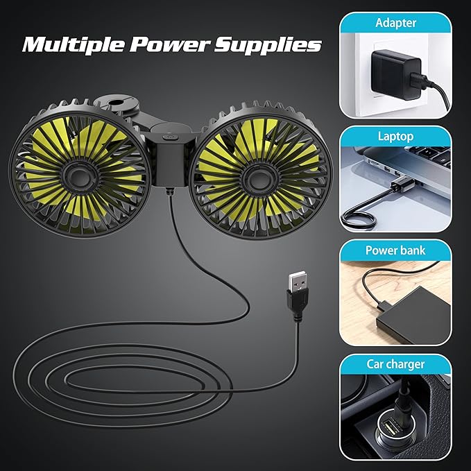 Wowok Car Fan for Rear Seat Passenger Dual Head USB Car Seat Fan for Backseat Kids, 360° Rotatable 3 Speeds Air Circulation Fans for Baby, USB Fans with Adjustable Clip for Vehicles SUV RV Vehicles - Image 7