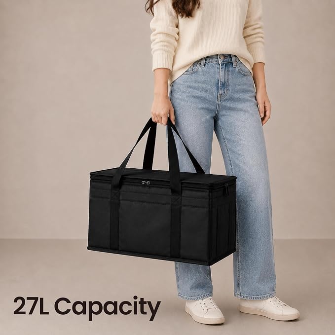 NZ home Insulated Food Bag, Portable Cooler Tote (Large, Black, 1 Pack) | Thermal bag, For cold and hot food, Soft sided cooler, Heavy duty 5-layered tote, Grocery shopping, Beach or travel bag - Image 6