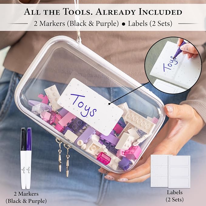 Clear Hard Shell Zipper Case Set (3 Large), 120s Thick PET Plastic, Dual Zippers with Star Charms, Removable Straps, Removable Labels with 2 Markers for Travel, Storage & Organization - Image 6