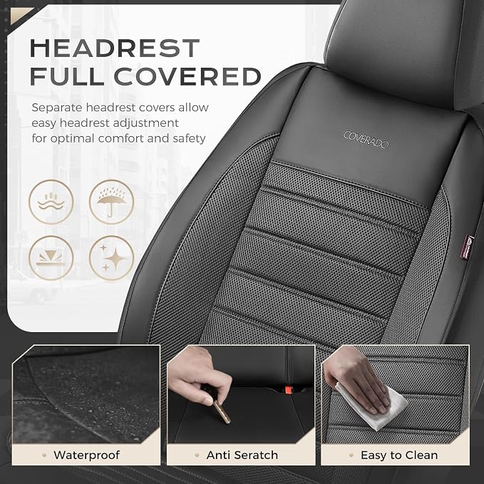Coverado Car Seat Covers Full Set, Luxury Leather Car Seat Covers, Automotive Front and Rear Mesh Seat Covers, Full Set 5 Seats, Black Seat Covers for SUV Sedan Truck - Image 5