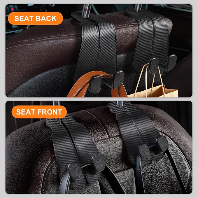 CoBak Extra Wide Car Seat Back Hooks, Premium Stitched Leather Headrest Hangers with Wide Slot Structure, Universal for Any-Width Purses, Handbags, Bags (4 Pack), Carbon Fiber Black - Image 2
