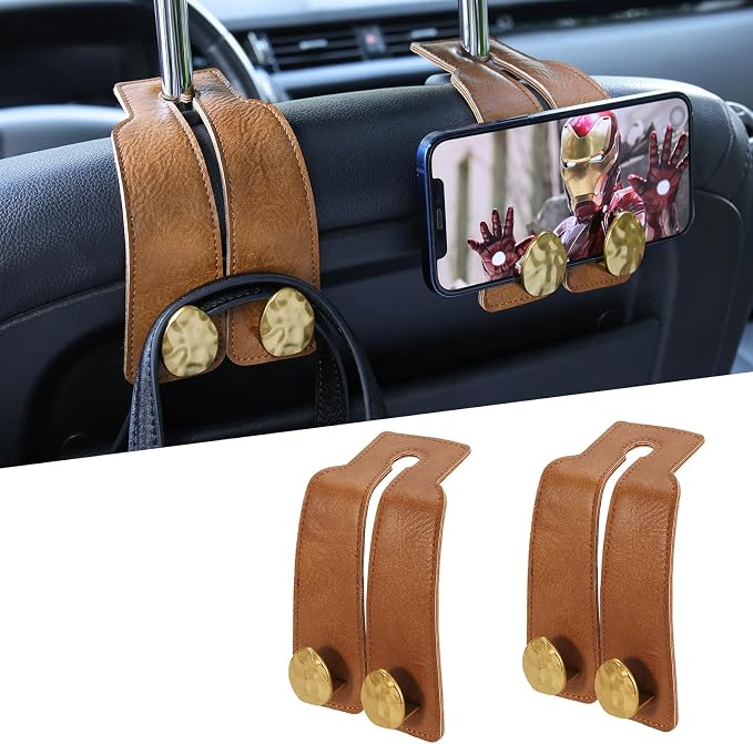 2PCS Leather Car Seat Hooks for Headrest, Vehicle Hanger Storage Organizer Universal for Handbag Purse, Car Accessories Gift (Brown-Gold) by Fashion