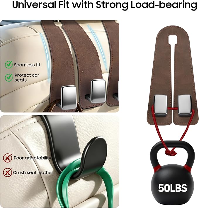 Amooca Car Headrest Hooks 4-Pack Suede Seat Organizer with Metal Core | Universal Fit, Double-hook Design, Backseat Storage for Backpack Umbrella Water Bottle Coat Purses Handbags Groceries, Brown - Image 3
