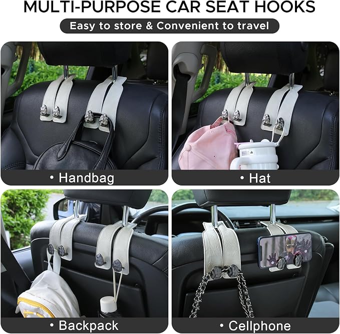 Leather Car Purse Hook for Headrest, 4 Pack, White-Black | Twin Hooks Headrest Hangers, 2/4 Pack, No-Slip, Scratch-Proof, Holds Purses, Backpacks, Grocery Bags, Car Organizer Gift - Image 7