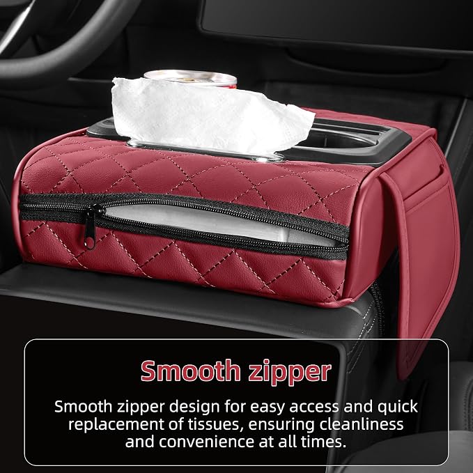 5 in 1 Nappa Leather Console Armrest Cover, Burgundy | Built-in cup holder, tissue slot, phone holder & 2 storage pockets, practical car accessories fit SUV sedan truck - Image 5