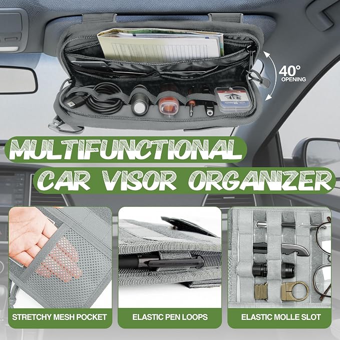 Car Sun Visor Organizer, Fits Most Cars Trucks SUV Jeeps Patrols—Grey | Tactical Molle Panel Visor Storage Organizer with Sunglasses Holder for Police Gear & Overland Accessories - Image 3